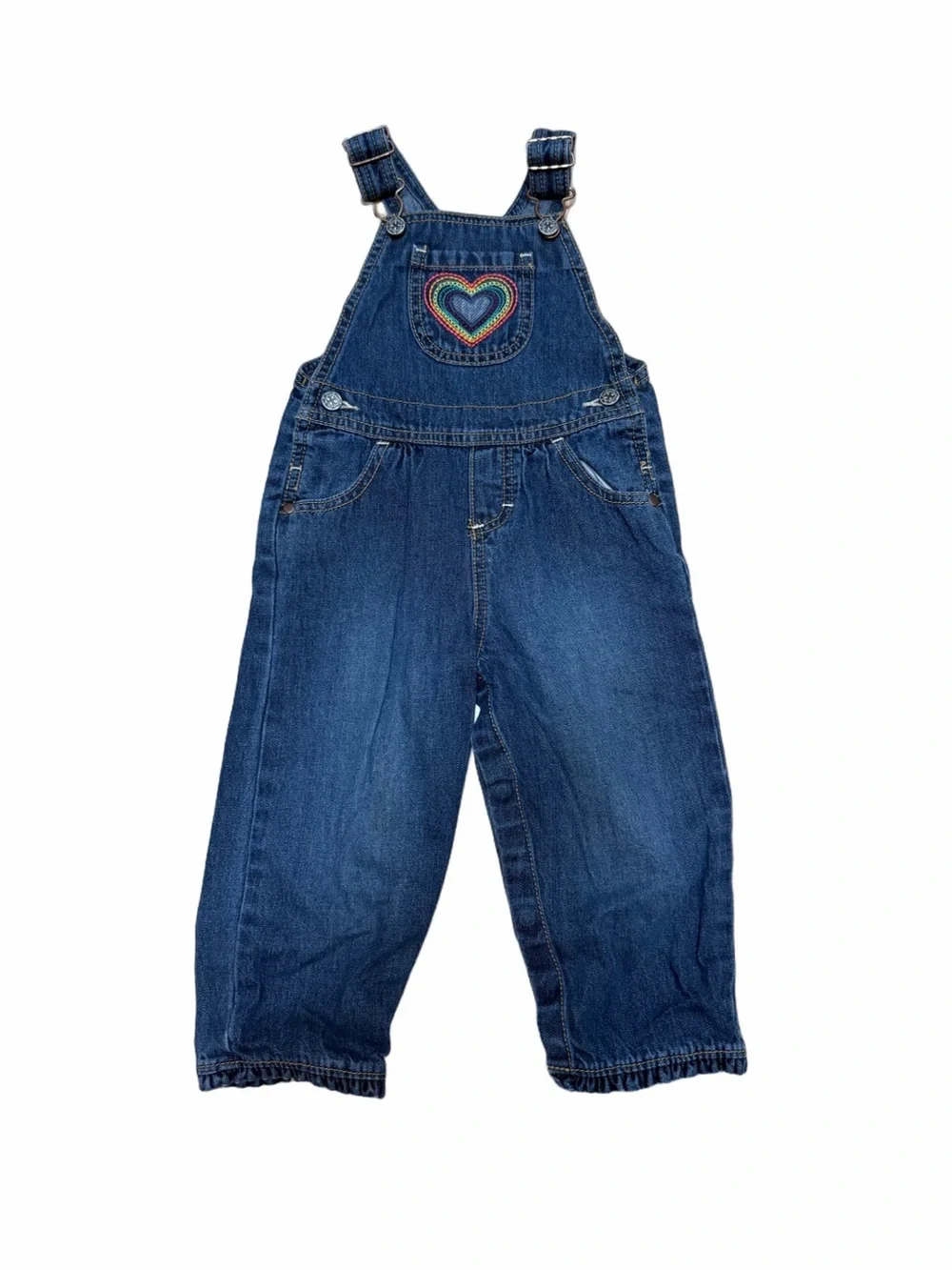 OshKosh B’gosh Girls 24M Denim Overalls Rainbow Heart Embroidered Bib Kidcore